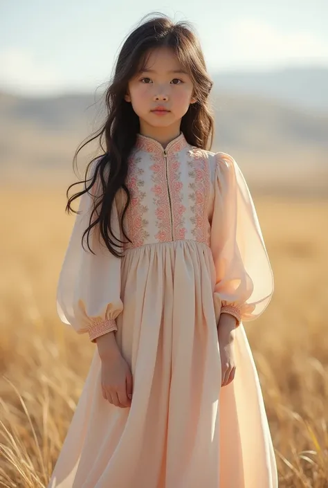 New design of a simple dress for a school project in Mongolia ,very beautiful teen idol, ３ year old girls、Mongolian steppe、