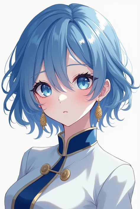 Adult woman with white skin
Short wavy blue hair
Blue eye pupil
Large gold-colored earrings
Chinese suit in white and blue
Anime style 