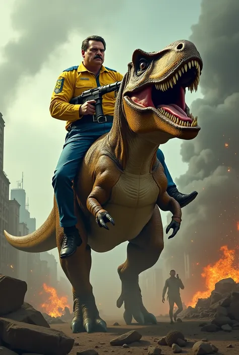  Because the guys put Bolsonaro in a riding Tyrannosaurus rex , wearing superhero uniform ,  with machine gun in his hand in a scenario of civil war in Brazil 