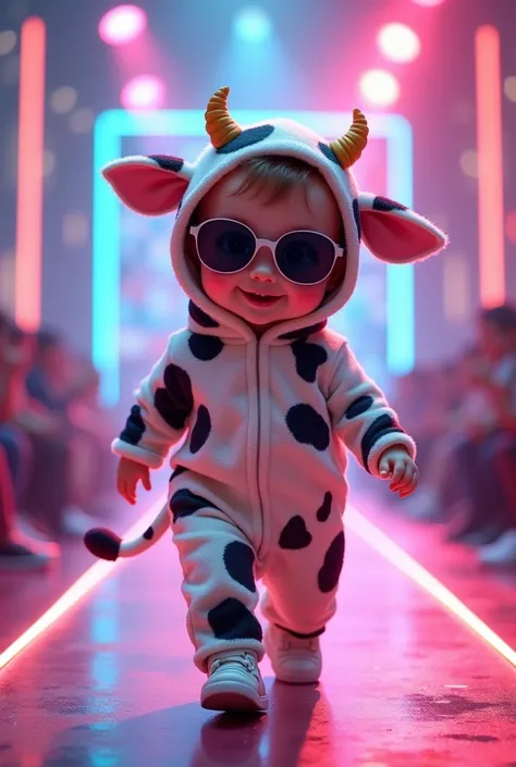 
cute realistic baby girl, very cute in a cow costume with sunglasses walking in a fashion show with neon flash lights,