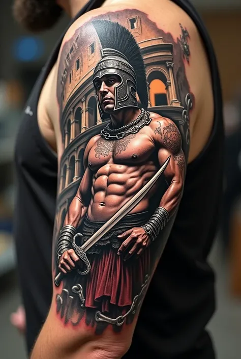  Create a realistic suvearm tattoo,  this tattoo must feature a gladiator , Broken chains, Roman sword and Colosseum 