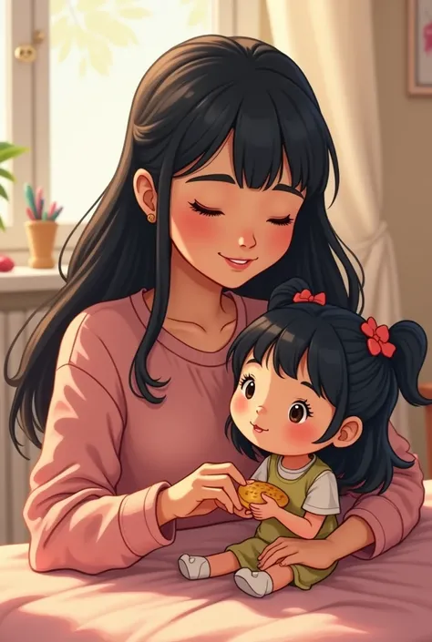 Black-haired mother playing a girls toy realistic cartoon