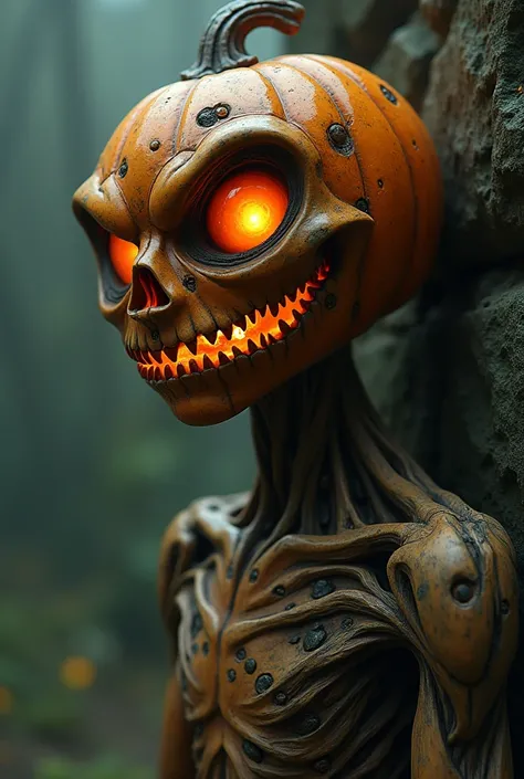 a man with a head that is inspired by a jack o lantern with
 piercing gaze, sinister smile, huge creepy burning eyes, wood skin, carved patterns, stones in the face, metamorphosis, tilt of the head, deep cheekbones, sinuous body, unearthly glow,
realistic,...