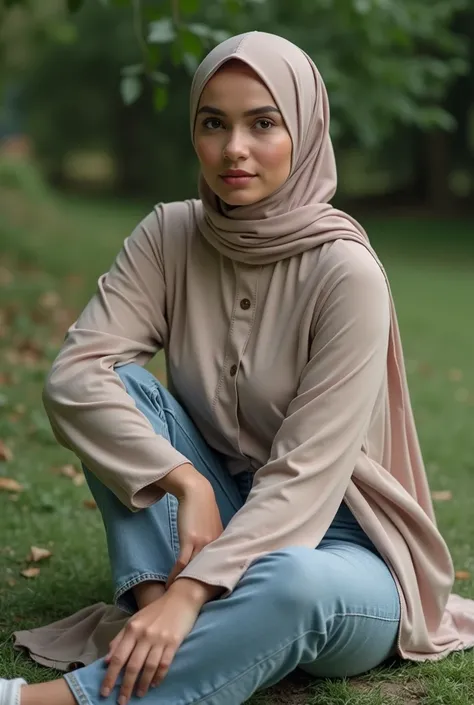 A hijab girl with big breasts sits with her legs stretched out, taking a realistic photo