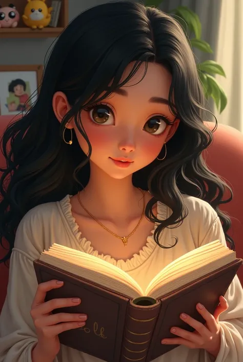 Black-haired mother viewing a realistic cartoon photo album