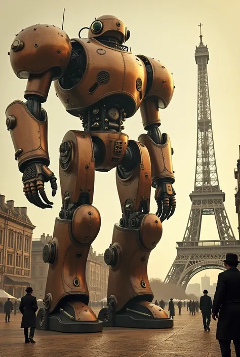 Make a giant retro robot the same size as the Eiffel Tower next to it when it was built in sepia