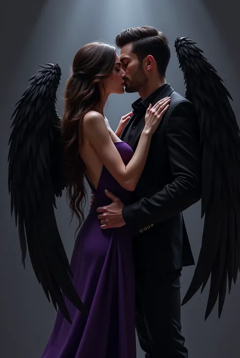 Woman, 30 years old, brown long hair, purpel dress,1sexy men, 30 years old, black short hair, bad men, black wings, black suit, kissing, black apartment, Résolution Haute, 