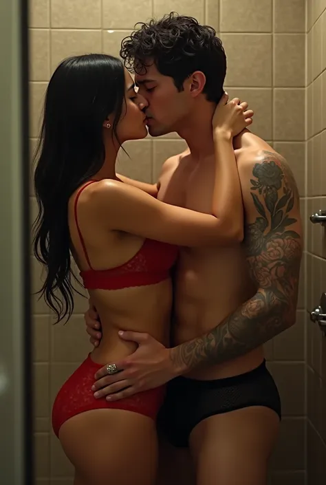  Create this scene from my book .
 She is Asian .  He has black hair and brown eyes .  His body is voluptuous and he has red lace lingerie on.
He is German ,  has green eyes and is strong .  His arm has tattoos .
 They are both kissing in the shower .  He ...