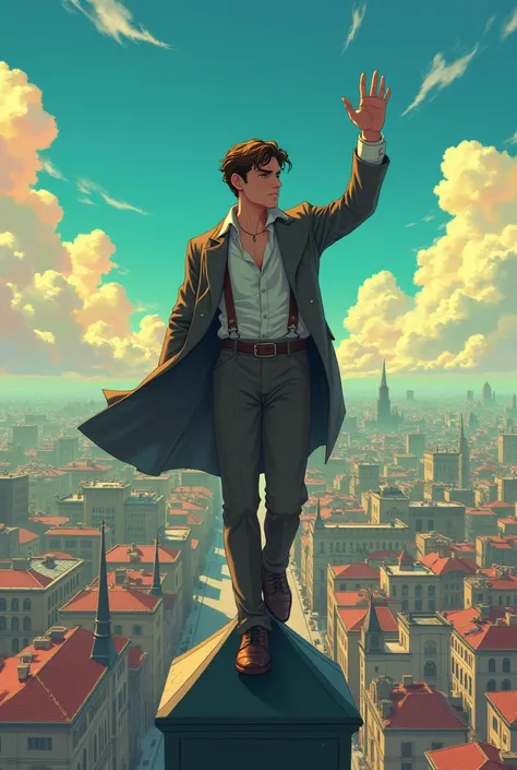   A 19-year-old man in broken but elegant clothes from the year 1900 on top of a church on the top with one hand raised and the other clinging to the wall, inclined ,With the midday sun with colorful skies , anime type with a city from 1900 in the backgrou...