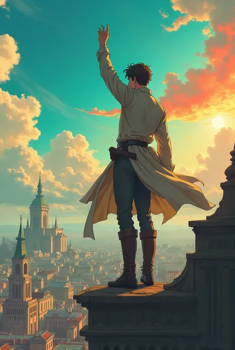   A 19-year-old man in broken but elegant clothes from the year 1900 on top of a church on the top with one hand raised and the other clinging to the wall, inclined ,With the midday sun with colorful skies , anime type with a city from 1900 in the backgrou...