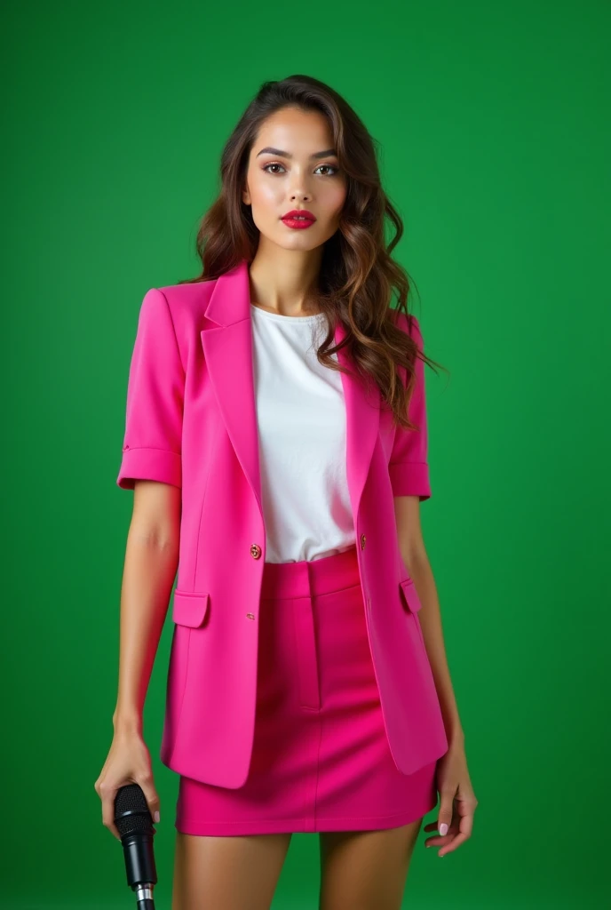 1girl,Home office room with Full Green background,******-21 years old, Holding a Mic In hand, Shocking Pink Short Blazer , White Short T-Shirt, Shocking Pink Short Scutt, Capture Thieses and Legs, elegant clothes,wavy hair in the middle of the back, Posing...