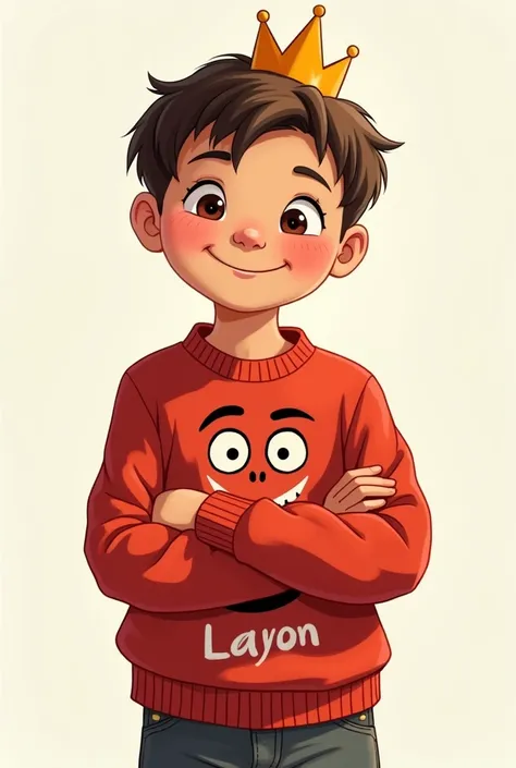 A boy in a red sweater with a crown and who says a face on his sweater “layon” without it and that the  is  with his arm crossed but the frace on his sweater that says “layon “is fine but in drawing 