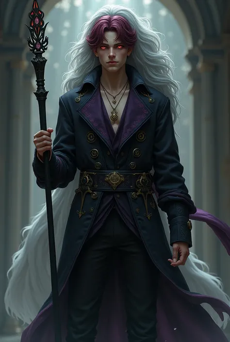 A young man of 1 ,80 m, muscular,  with fair skin and deep eyes and heterochromia  (a pink eye and an orange eye ). Your hair is wavy,  of medium length ,  in a dark red tone with white tips , fluttering lightly.  He wears a long coat with embroidered arca...