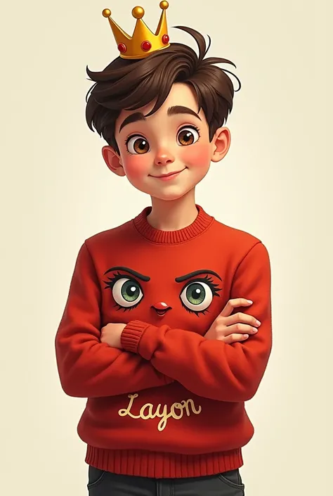 A boy in a red sweater with a crown and who says a face on his sweater “layon” without it and that the  is  with his arm crossed but the frace in his sweater that says “layon “is fine but in a more real drawing 