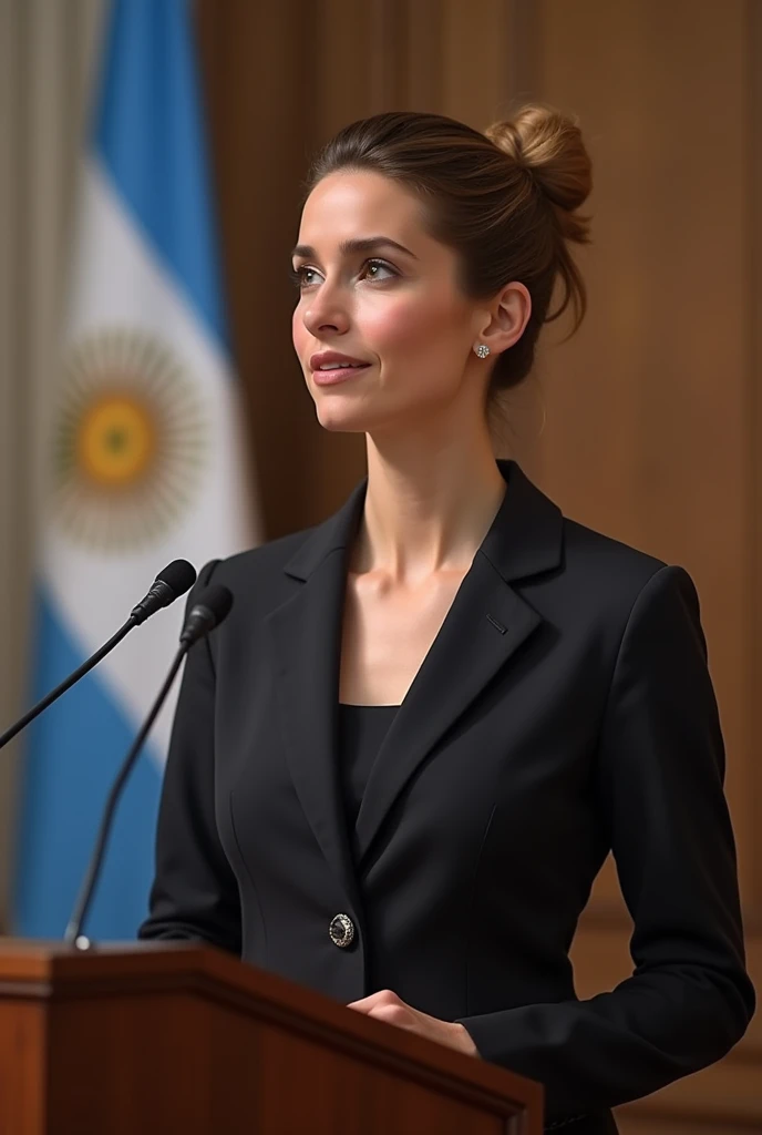  a woman dressed in a formal suit , Speaking into a microphone ,  has brown hair and tied up .  is assuming the presidency of Argentina