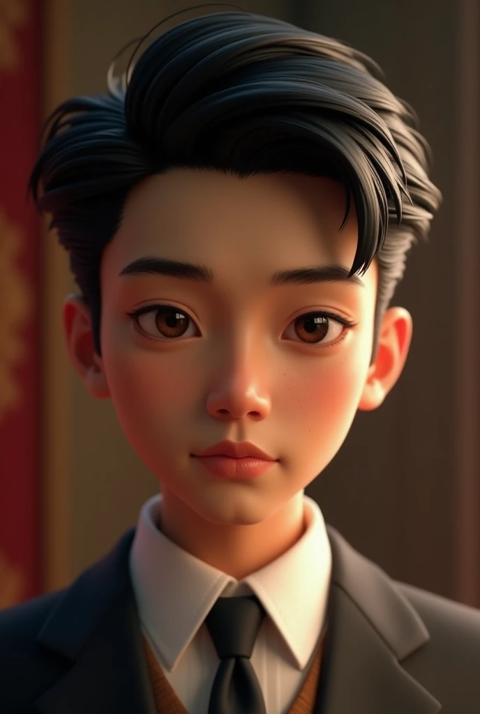 Male boy with tie asian, brown eyes,perfect eyes, black hair, lean and sharp features with a vintage and rich style as well as light tanned skin, and 5ft 9 And is 2, 3d render 
