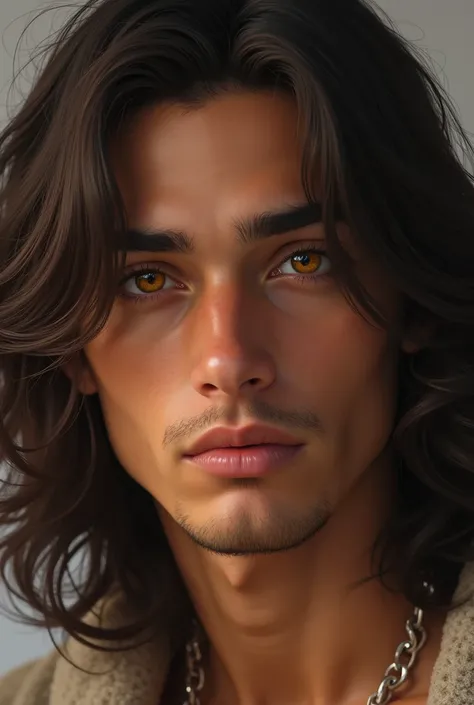 Create the image of a brown man with dark brown and long hair, amber eyes and 20-year-old appearance 