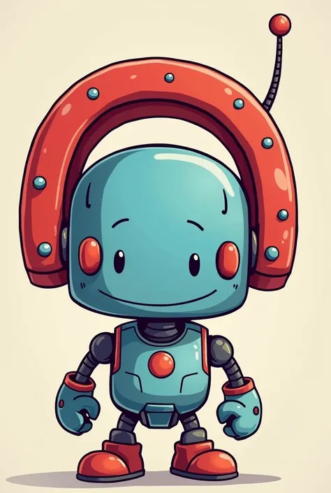 Cute little robot head cartoon with a head in the shape of a Horseshoe Magnet, red and blue.