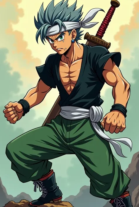 Man 25 years old,  Akira Toriyama style ,  anime style de los 90, Dragon ball style,  dragon quest style ,  gray black hair ,  green eyes,  adventurers clothing , Sword in the back, white bandana , gold rings, Earrings,  anime style,  full body ,  black sh...