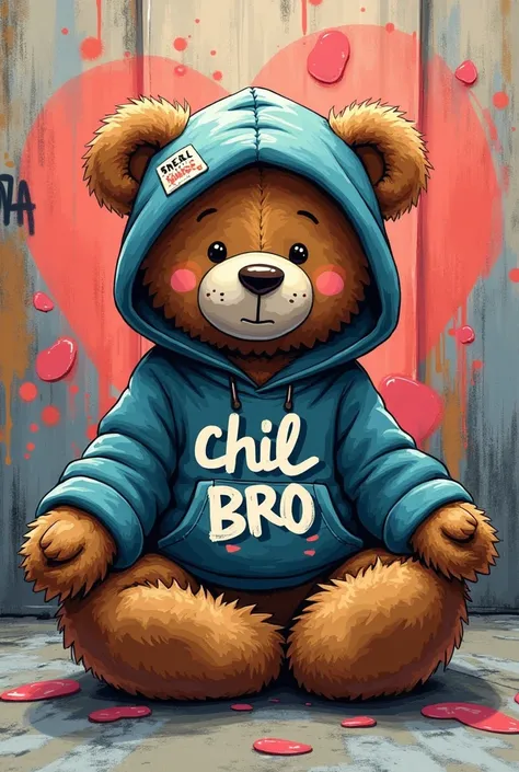 Funny teddy bear with a hoodie meditate with text on the image Chill Bro graffiti style write text Chill Bro let him meditate