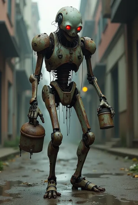  A sick zombie android robot, raquitico, they are holding a jar ,  a can to ask for alms 