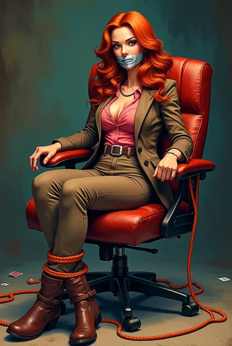 A female news reporter with long red hair discovers a hideout of bank robbers. She is captured and put up in a swivel chair just like in a classic comic book. She is wearing a brown jacket, brown slacks, brown boots, and a pink blouse. She is tied to the c...