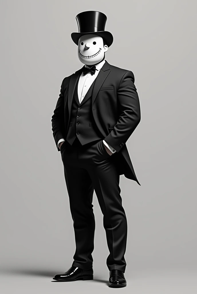 A man wearing a top hat and mask with a happy face and in a black and white filter , The mask without realism ,  the most burly man and the mask without the detail of the nose, That Im not fat,  that the mask is : ) , That he has a suit , Let him be skinny...