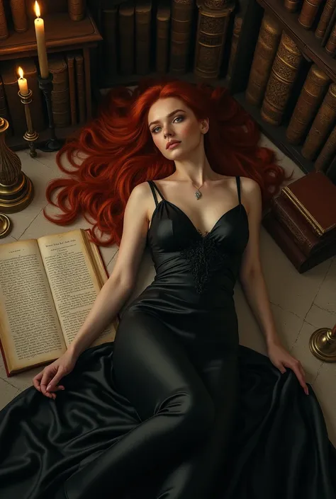 Mysterious red-haired woman on her back,  black dress, In an old library 