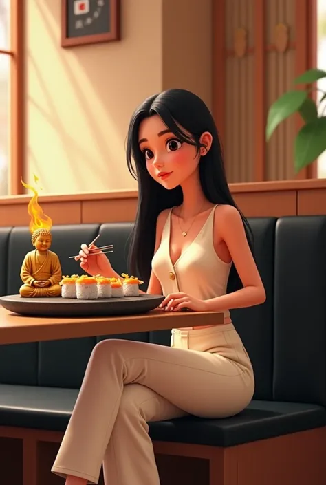 Woman 30 years, long straight black hair, wearing creme short sleeveless buttoned v vest and creme long loose trousers with white sneakers. At Sushi restaurant with wood slat paneling in walls, black rectangular tables, sitting on black leather upholstered...