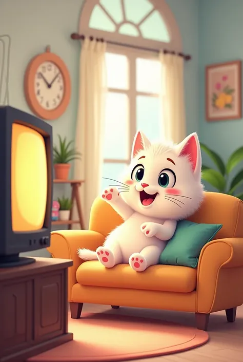 A white cartoon cat is sitting on the sofa in the living room of a house and watching a cartoon on TV.