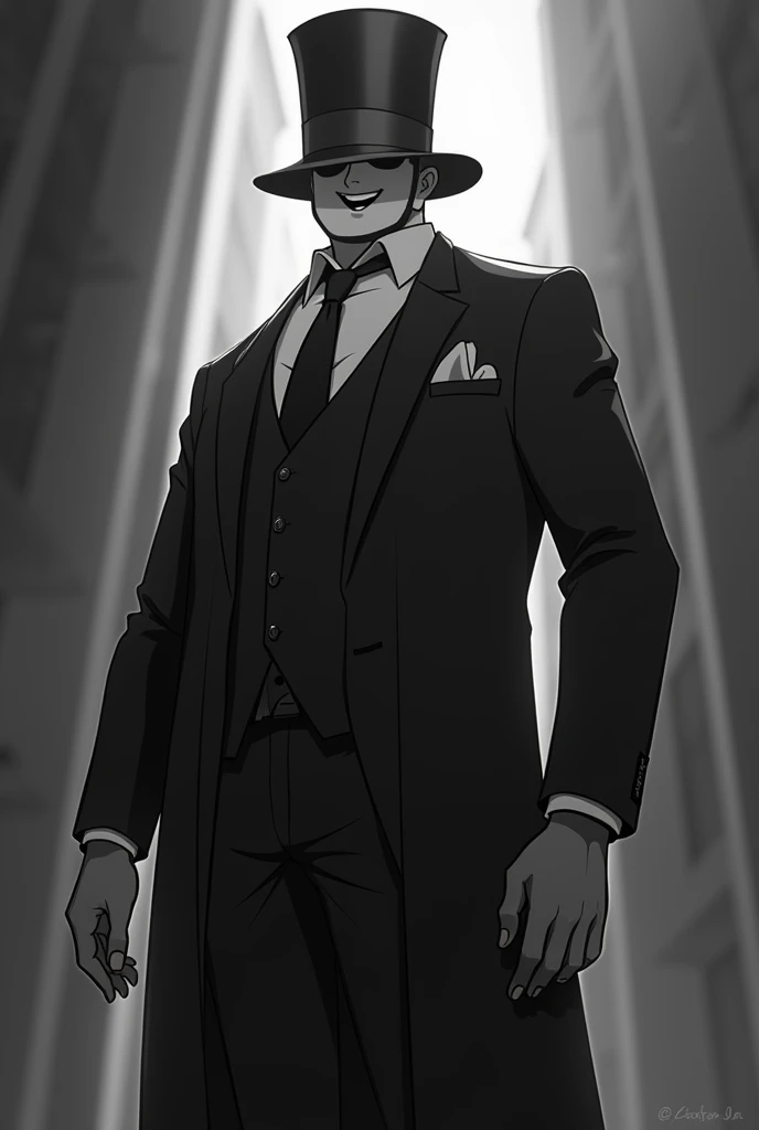 A man wearing a top hat and mask with a happy face and in a black and white filter , The mask without realism ,  the most burly man and the mask without the detail of the nose, That Im not fat,  that the mask is : ) , That he has a suit , que sea flaco y h...