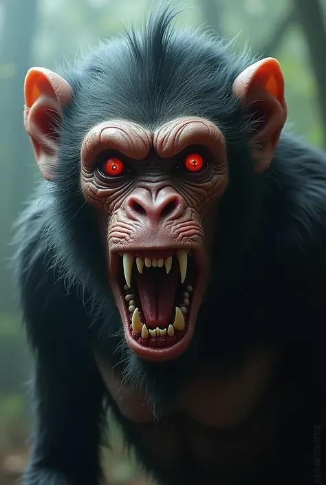  demon-faced mutant monkey looking straight ahead, with red eyes and big fangs 