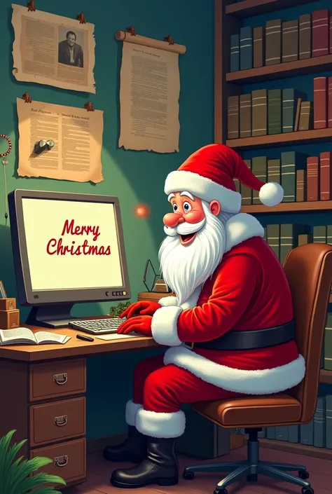 (modern cartoon style), Santaclaus on the computer, surrounded by old photos and manuscripts like in an archive, below a sign "Merry Christmas hohoho"
