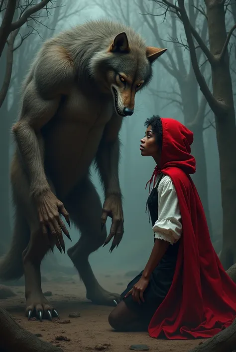  Black woman dressed as Little Red Riding Hood kneeling before the Big Bad Wolf