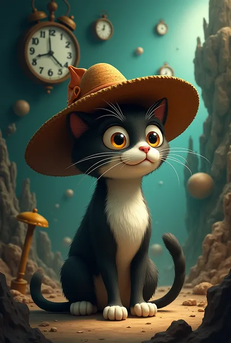 A stylized cartoon cat with semi-realistic features, wearing a traditional Colombian hat (sombrero vueltiao), sitting in a surreal, shadowy landscape inspired by Salvador Dalí’s ‘The Persistence of Memory.’ The background includes dreamlike elements such a...