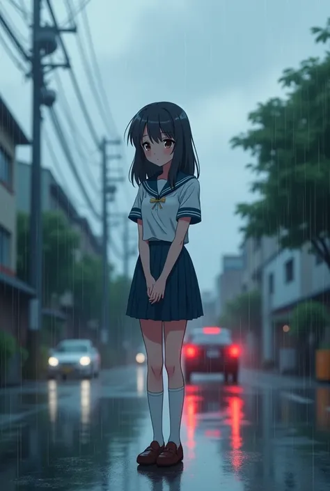 (anime:1.2), shy anime girl in a school uniform and loafers without socks on, standing on a rainy street in a Tokyo suburb, with traffic going by and with clouds over the suburbia.