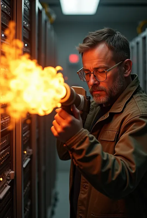 a  male systems analyst  that has short, thinning hair, wears rectangular glasses with a light-colored frame, and has a trimmed beard is setting fire to a computer server with a flamethrower