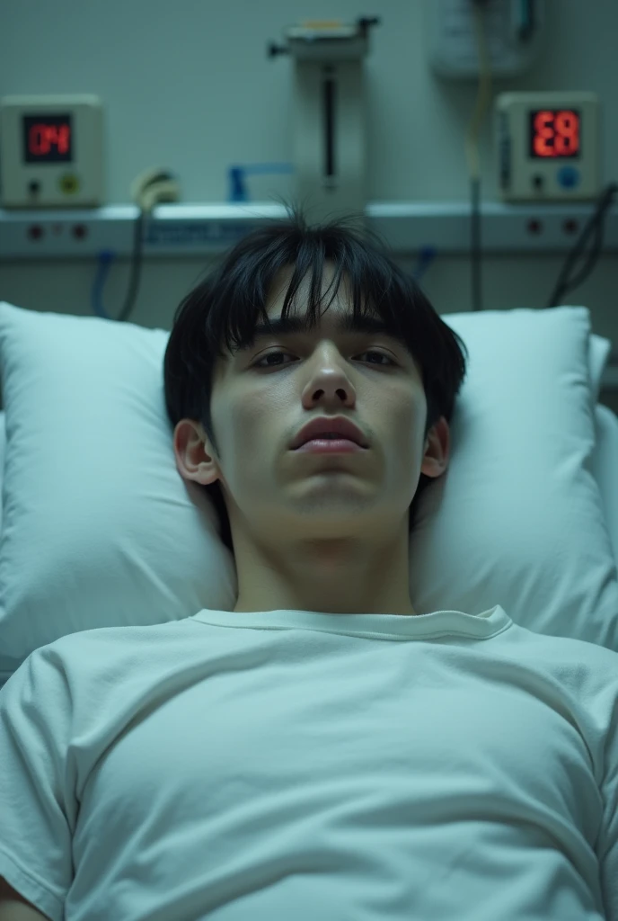 20-year-old man, white straight black hair , American patient in a psychiatric hospital