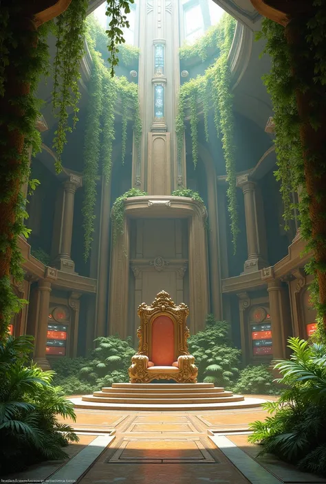 The throne room, its a colony like environment, with plant decorations and wooden furniture,  opulent interior and flooring and walls, its a big space a throne chair in the middle