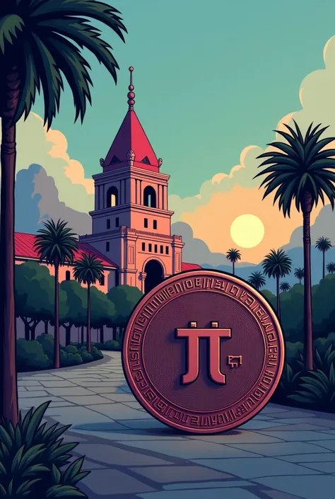 Want to create an illustration of a digital coin with a symbol Pi from mathematics on it and something connected to Stanford phds