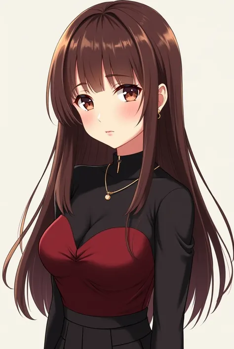  An anime-style character inspired by Catalina Santana from Without Breasts There Is No Paradise. She has straight hair ,  of medium length ,  with a straight cut and subtle long layers that frame her face .  Her hair color is bright dark brown ,  with a s...