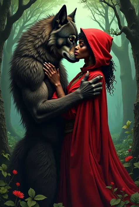  Black woman dressed as Little Red Riding Hood on her knees kissing the Big Bad Wolf 