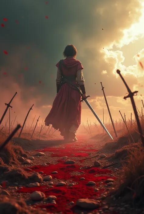  best quality，  masterpiece ， Ultra-high resolution ,(reality:1.4),RAW photos，war，Theres blood everywhere ， A battlefield with broken swords stuck in the ground， Style similar to Attack on the Titans ，Don&#39;t add characters 