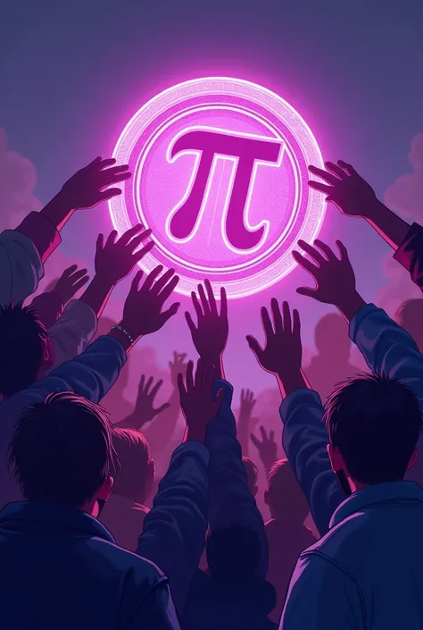 Want to create an illustration of people reaching for a digital coin with a symbol Pi from mathematics on it and let it be in purple theme without other word and letters or numbers on it