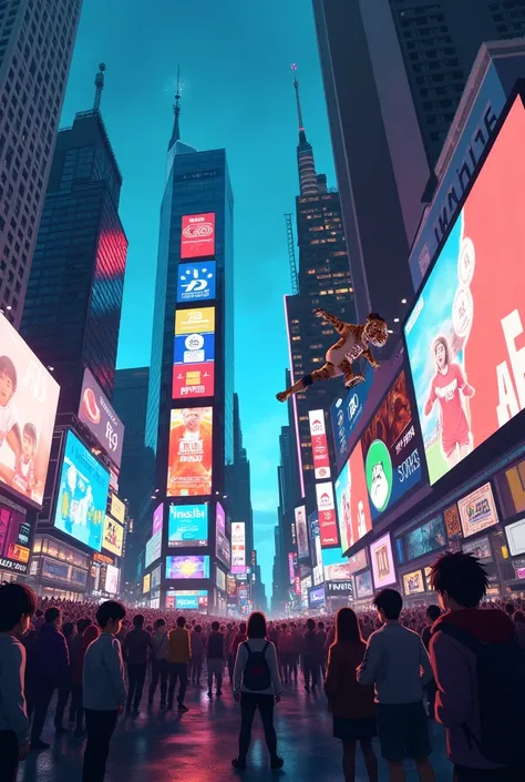 Anime-style scene of a giant digital screen in Times Square, New York City, broadcasting the soccer match. Crowds of human and animal-human hybrids gather in the square, looking up in amazement as the final moments of the match play out on the screen. The ...