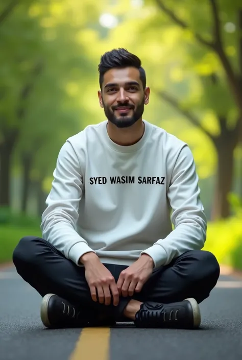 Create a realistic 3D image of a healthy 39-year-old man sitting n a road surrounded by lush greenery. The man is wearing a white sweatshirt with SYED WASIM SARFAZ written on the front, black pants, and has a clean-shaven face with silky hair. Ensure the o...