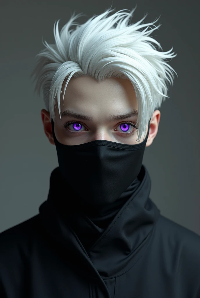 White hair purple eye black mask straight up hair and its a boy
