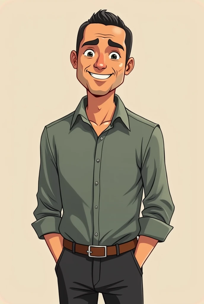 cartoon man of 40 years old short black hair Occupation : University Professor Appearance:  Medium-sized confident man age with olive skin ,  shaved head and friendly smile .  physique in shape .  Wears casual but elegant clothing ,  like elegant pants and...