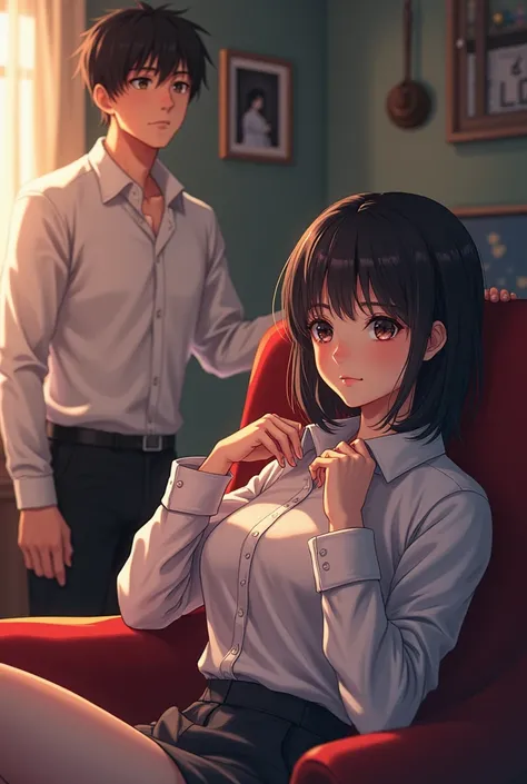 A woman sitting in an armchair letting go of the collar of her shirt a man who is standing next to her.  anime style