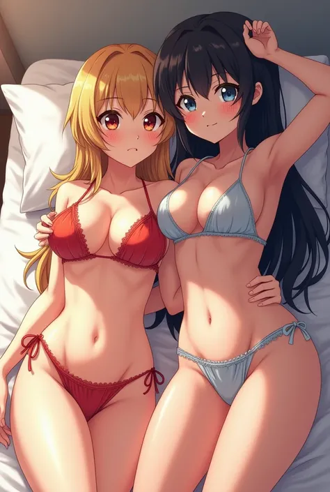 2 Anime women in bikinis with big boobs and big ass in the bed sex and the age is 18 and cum on there face 